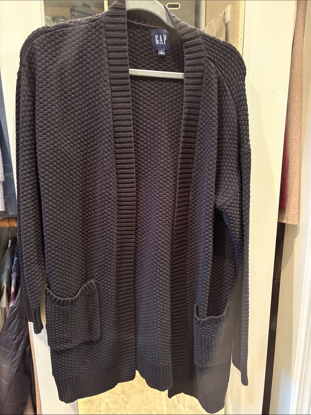 GAP Black Waffle-Knit Open Cardigan with Pockets